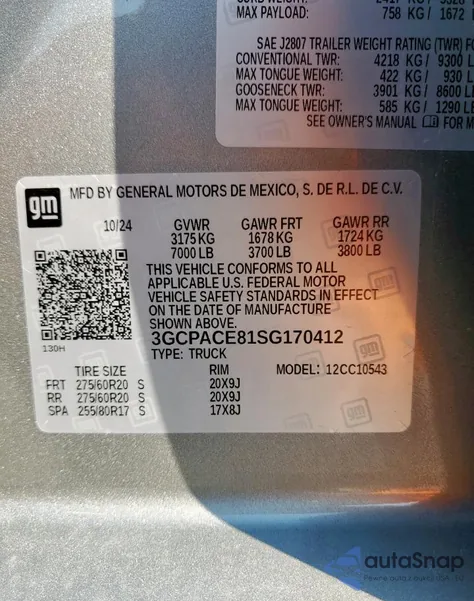 2025 Chevrolet Silverado C1500 Lt z USA, uszkodzony, nr VIN 3GCPACE81SG170412